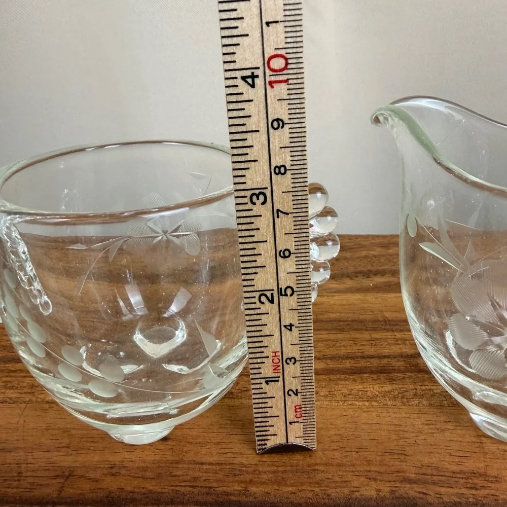 Paden City Gazebo Glass Creamer and Sugar Set Vintage Etched Floral Wing Handles